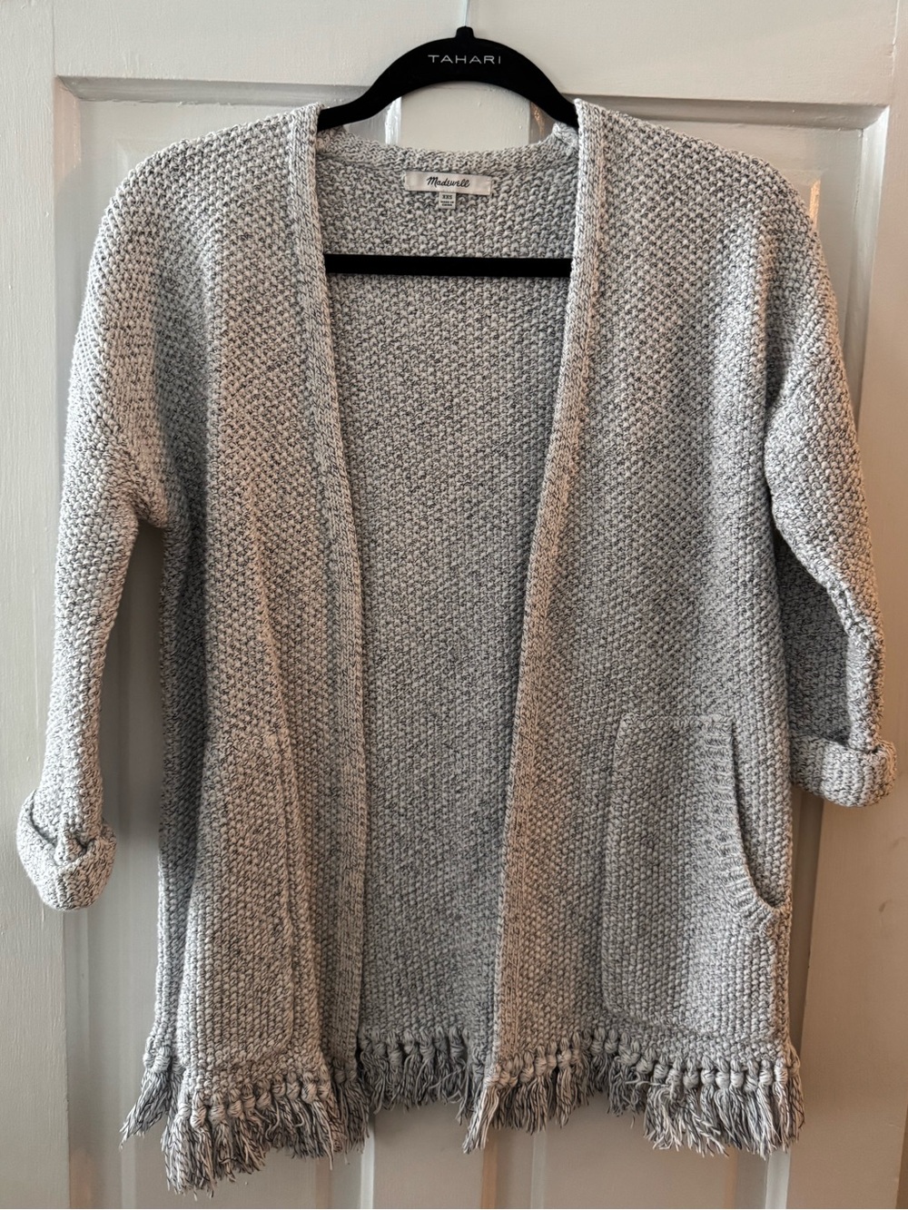 Madewell Heathered Gray Open-Front Fringe Cardigan Sweater